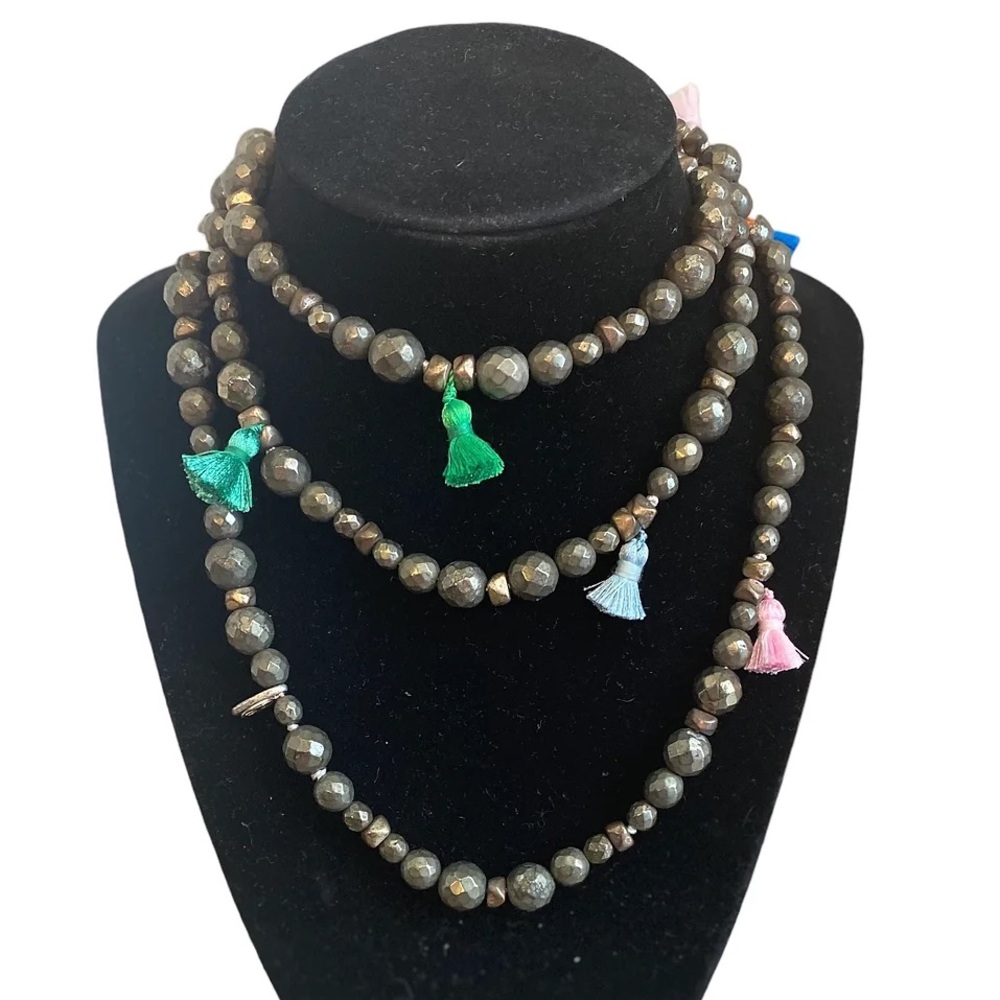 HIPCHIK Pyrite Beaded Necklace + Bracelet Combo with Colorful Tassels